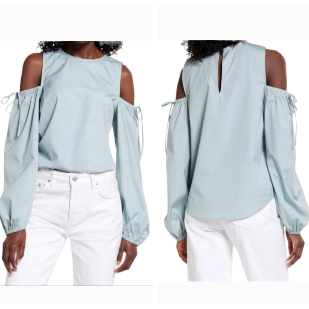 Light Mint Cold Shoulder Poplin Cotton Top Sz M Long Sleeve